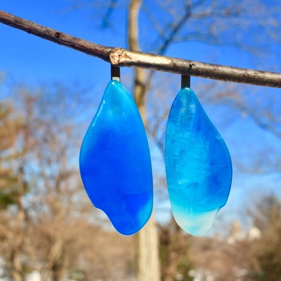 18K Gold Blue Ocean Drop Dangle Teardrop Earrings - Picture 3 of 7